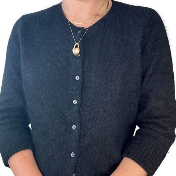 Vintage 90s Apostrophe Black Angora Blend Soft Fuzzy Fluffy Cardigan Sz L - Picture 2 of 6